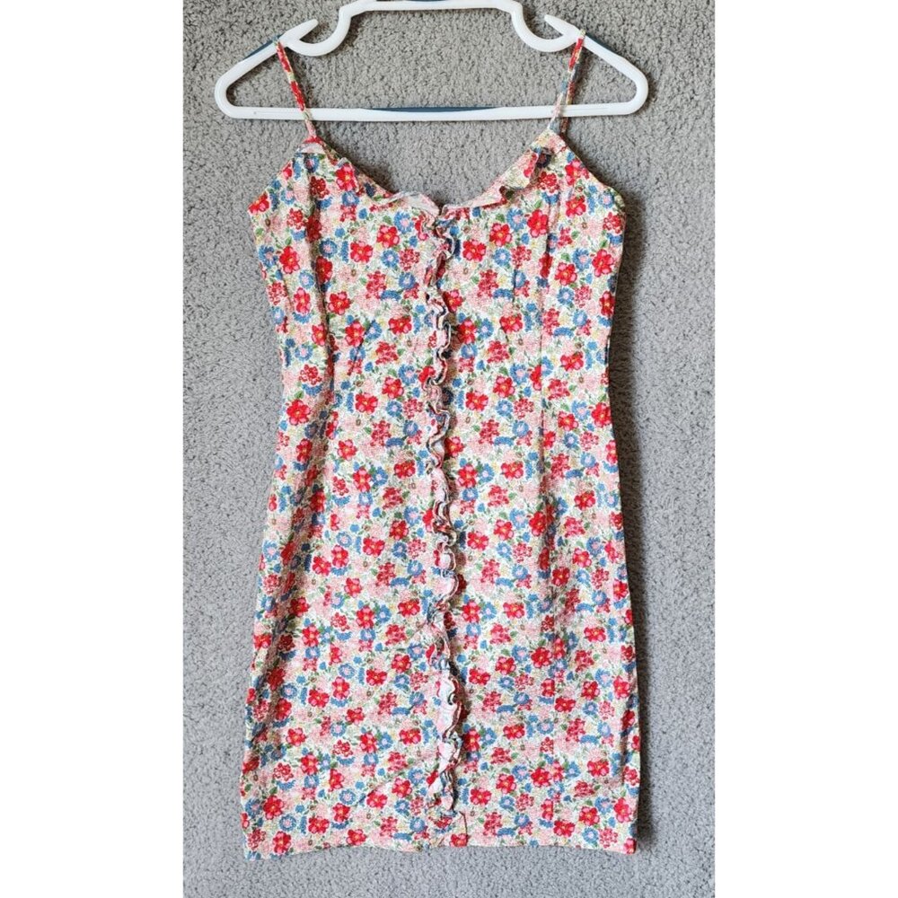 Vtg 90s Ralph Lauren Sleeveless Ruffle Front Mini Bodycon Dress Floral Size XS